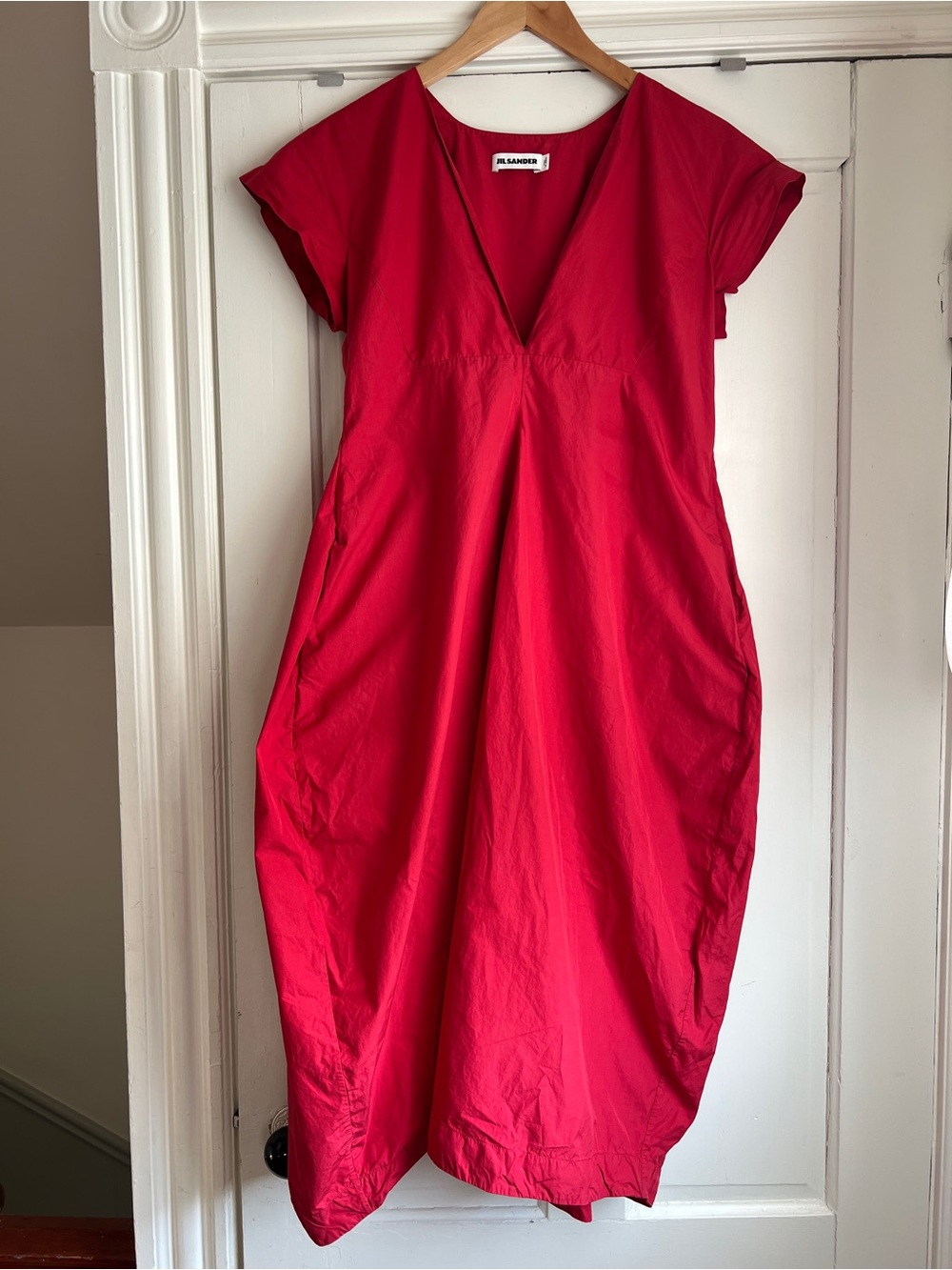 Jil Sander Red V-Neck Cotton Bubble Dress Short Sleeve IT 42 $1850